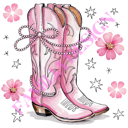 DTF284: "Boots and Pearl Bow" western coquette para playera