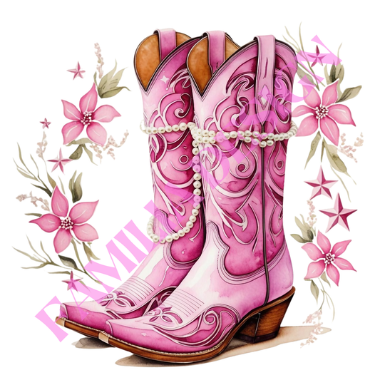 DTF285: "Pink Flowers Boots and Pearls" western coquette para playera