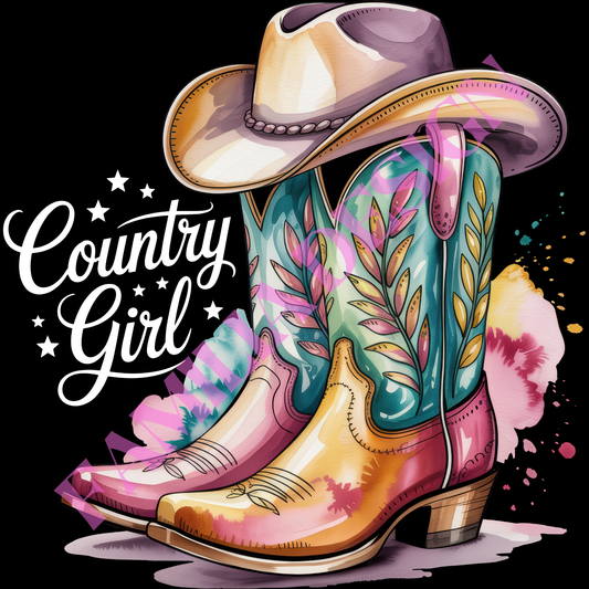 DTF288: white "Country Girl Boots" western para playera