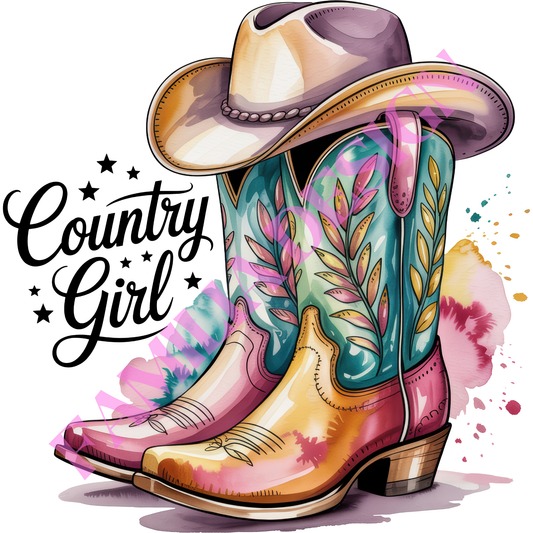 DTF288: black "Country Girl Boots" western para playera